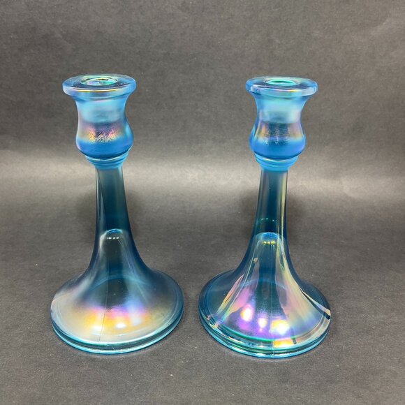 Vtg Central Glass Works Iridescent Blue Stretch Trumpet Candlestick Holders Glow - Picture 4 of 16